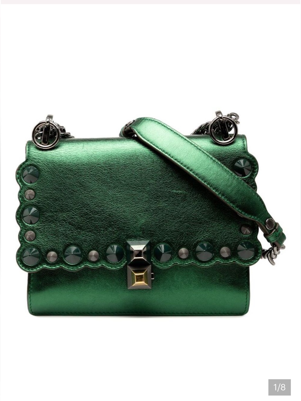 Fendi Metallic Green Leather Small Scalloped Kan I Shoulder Bag